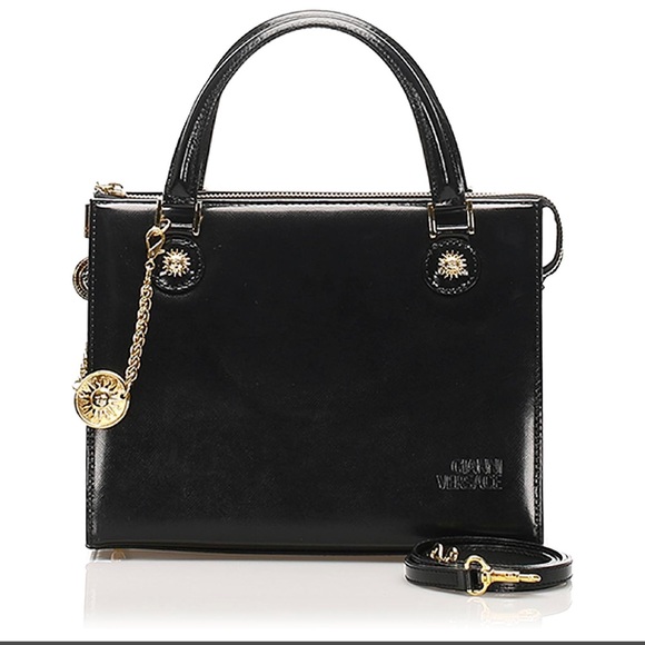 Gianni Versace Vintage Sunburst 2-Way top handle in black patent leather w/Charm - Picture 2 of 15